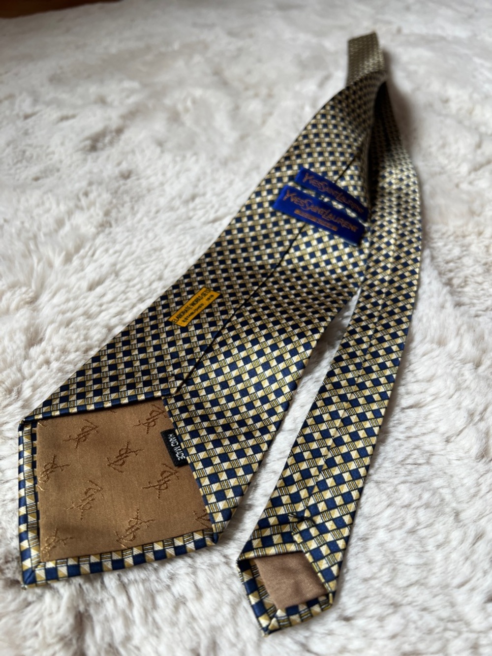 Yves Saint Laurent Navy and Gold Geometric Silk Tie
